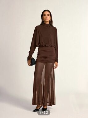 Commense Turtleneck Long Dress Drape Rushed Mesh Dress NWT Size S